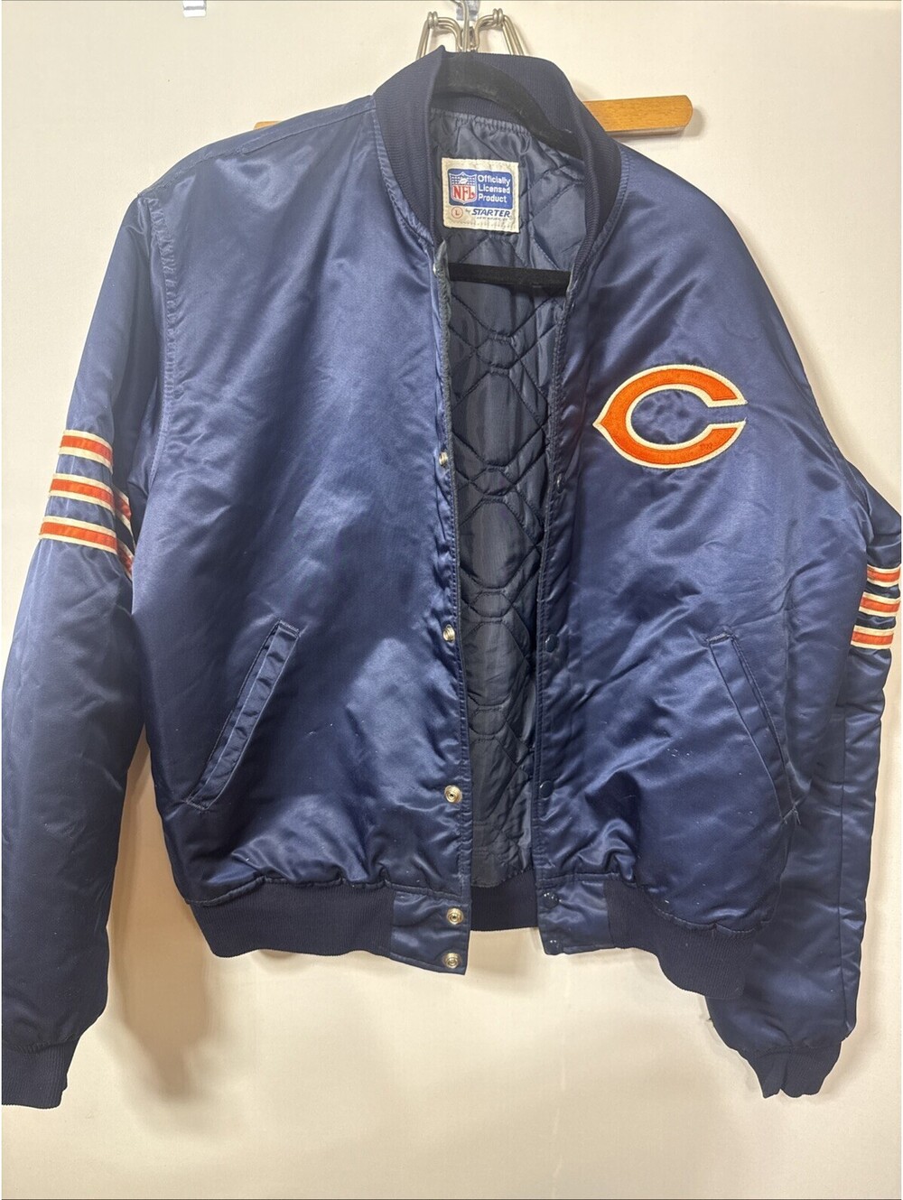 Vintage Starter Chicago Bears Satin Bomber Jacket Size L As Is Restitched Flaws